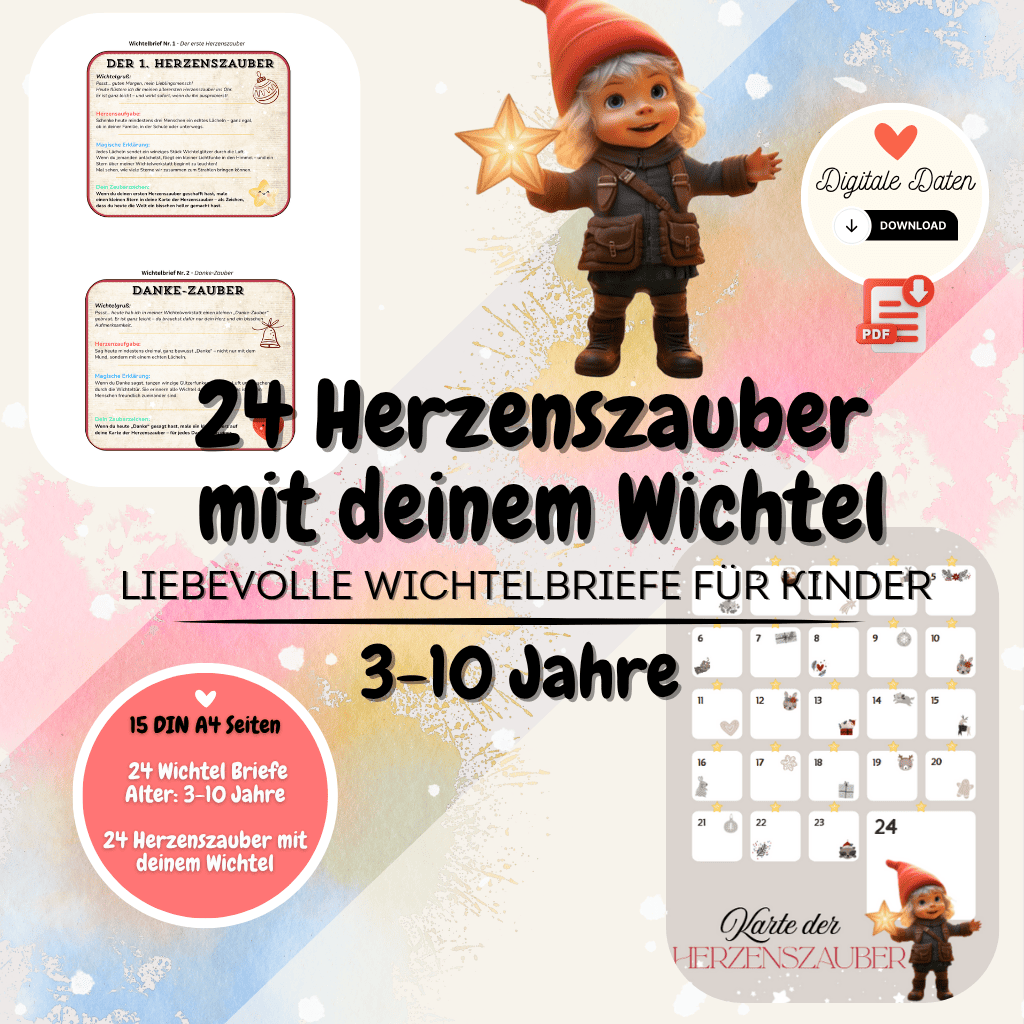 24 Herzenszauber mit deinem Wichtel – liebevolle Wichtelbriefe für Kinder | Adventskalender Ideen, Freundlichkeit und Magie in der Weihnachtszeit (3–10 Jahre) | als PDF zum Ausdrucken, Sofort-Download