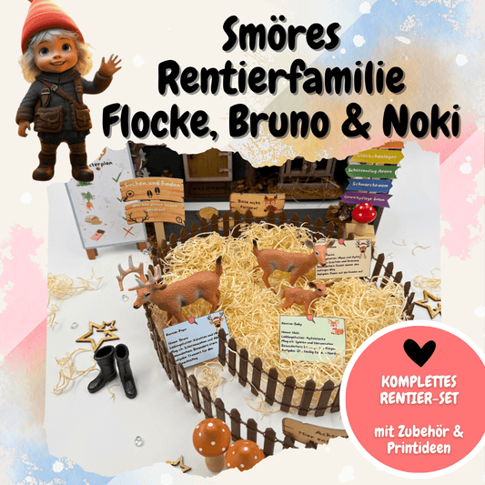 Smöres Rentierfamilie Flocke, Bruno und Noki – Komplettset mit Zubehör und Printausgabe