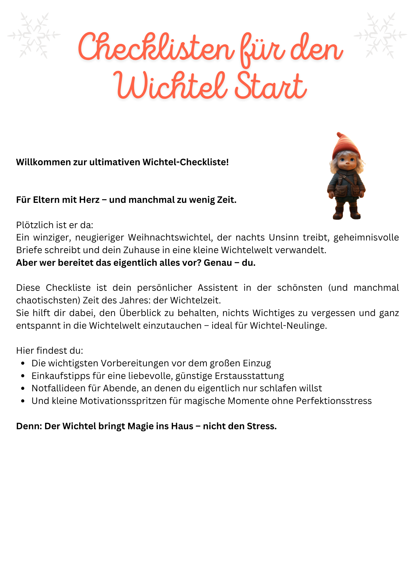 Wichtel Start-Checkliste PDF – für Eltern mit wenig Zeit. Mit Planungshilfen, Einkaufstipps, Notfallideen und kreativen Impulsen für die Adventszeit.