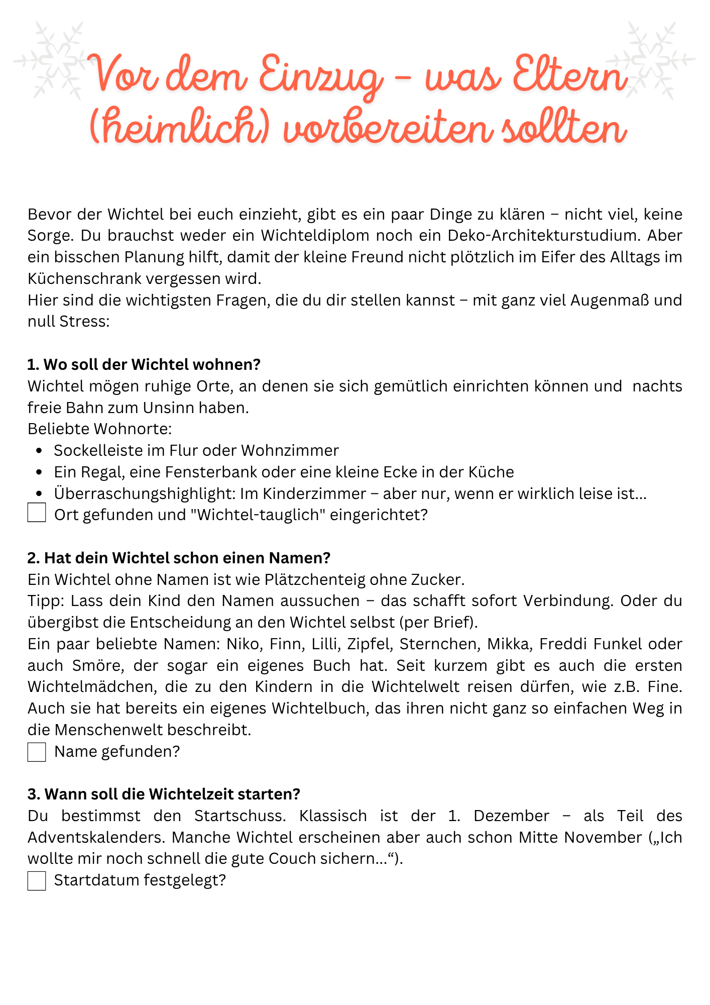 Wichtel Einzug Checkliste für Eltern – Tipps zur Vorbereitung, Namenswahl und Startdatum. Perfekt für Familien zur stressfreien Wichtelzeit.