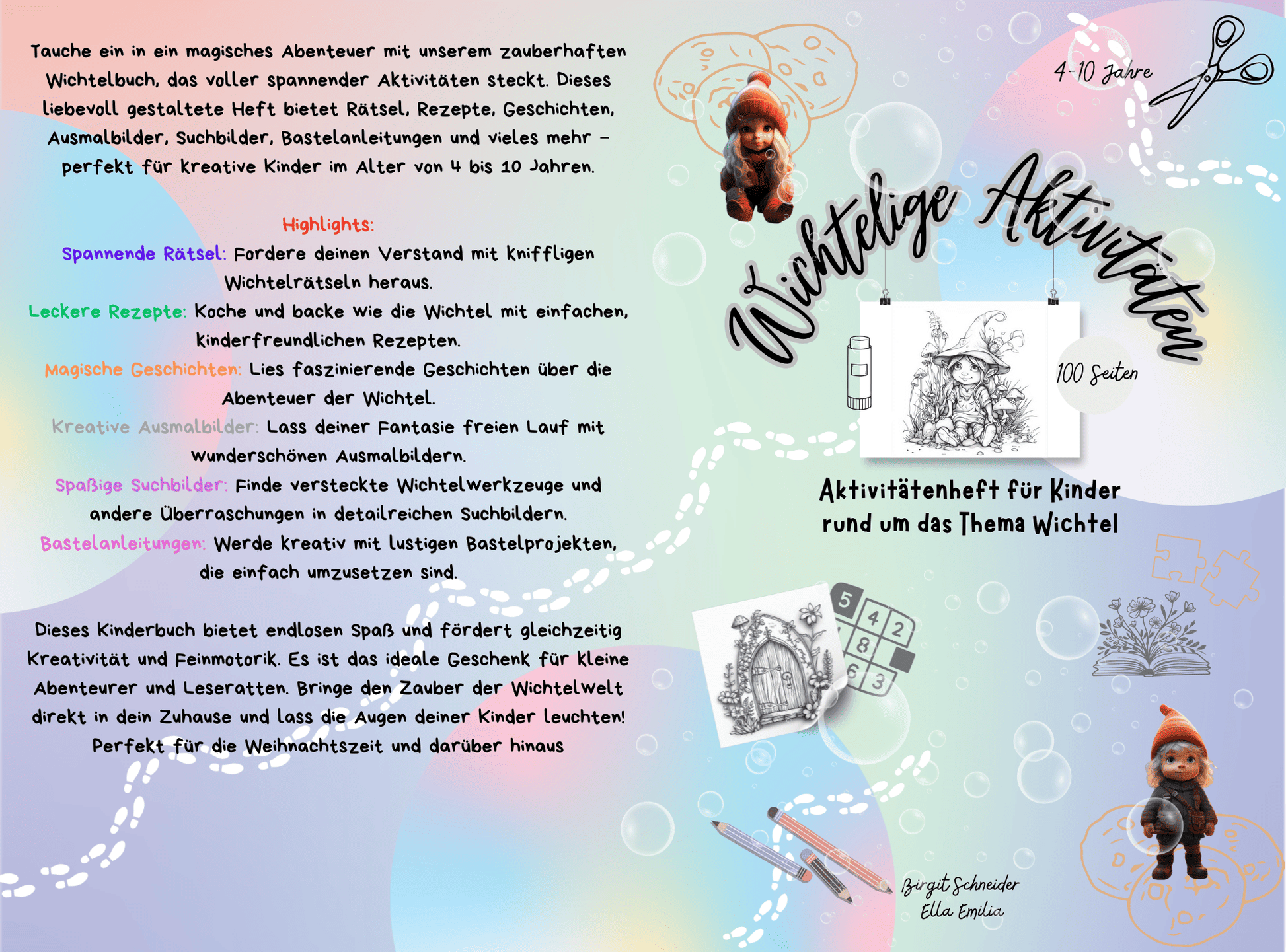 Blick ins Buch mit Illustrationen von Weihnachtswichteln, die Kinder mit Wichtel Briefpapier und magischen Geschichten verzaubern. Perfekte Wichtel Aktivität in der Weihnachtszeit.