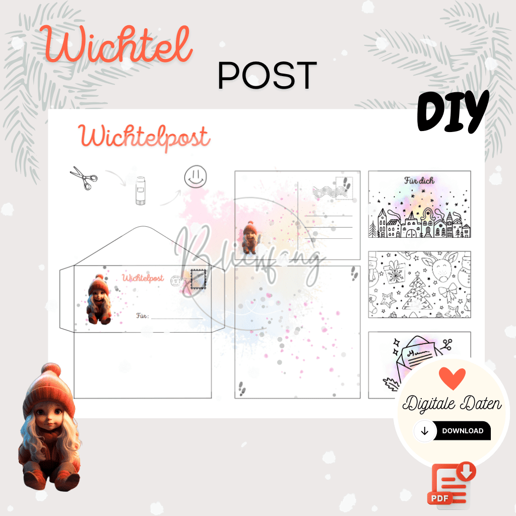 DIY Bastelset für Wichtelpost mit liebevoll gestalteten Briefumschlägen, Postkarten und winterlichen Illustrationen zum Ausmalen – perfekt für die magische Weihnachtszeit mit Kindern.