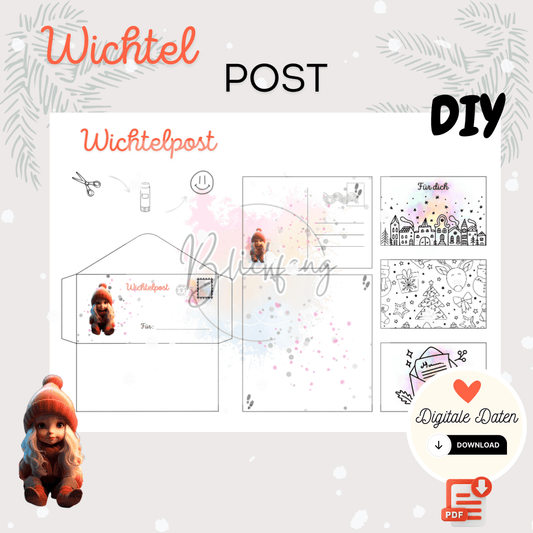 DIY Bastelset für Wichtelpost mit liebevoll gestalteten Briefumschlägen, Postkarten und winterlichen Illustrationen zum Ausmalen – perfekt für die magische Weihnachtszeit mit Kindern.
