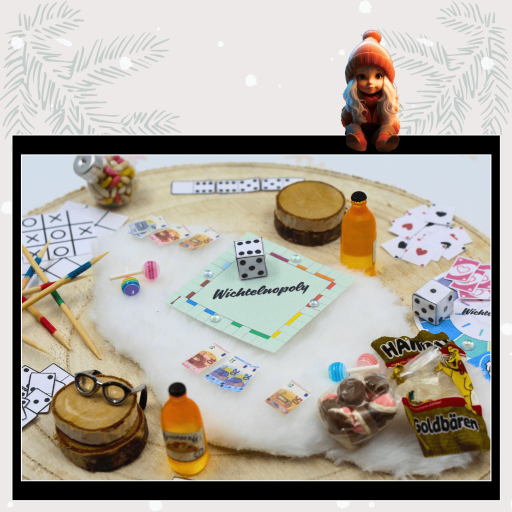 Detailaufnahme der Wichtel Spielesammlung mit Mini-Spielen wie Wichtelnopoly, Würfeln, Spielgeld und Spielkarten – ideal für die Weihnachtszeit