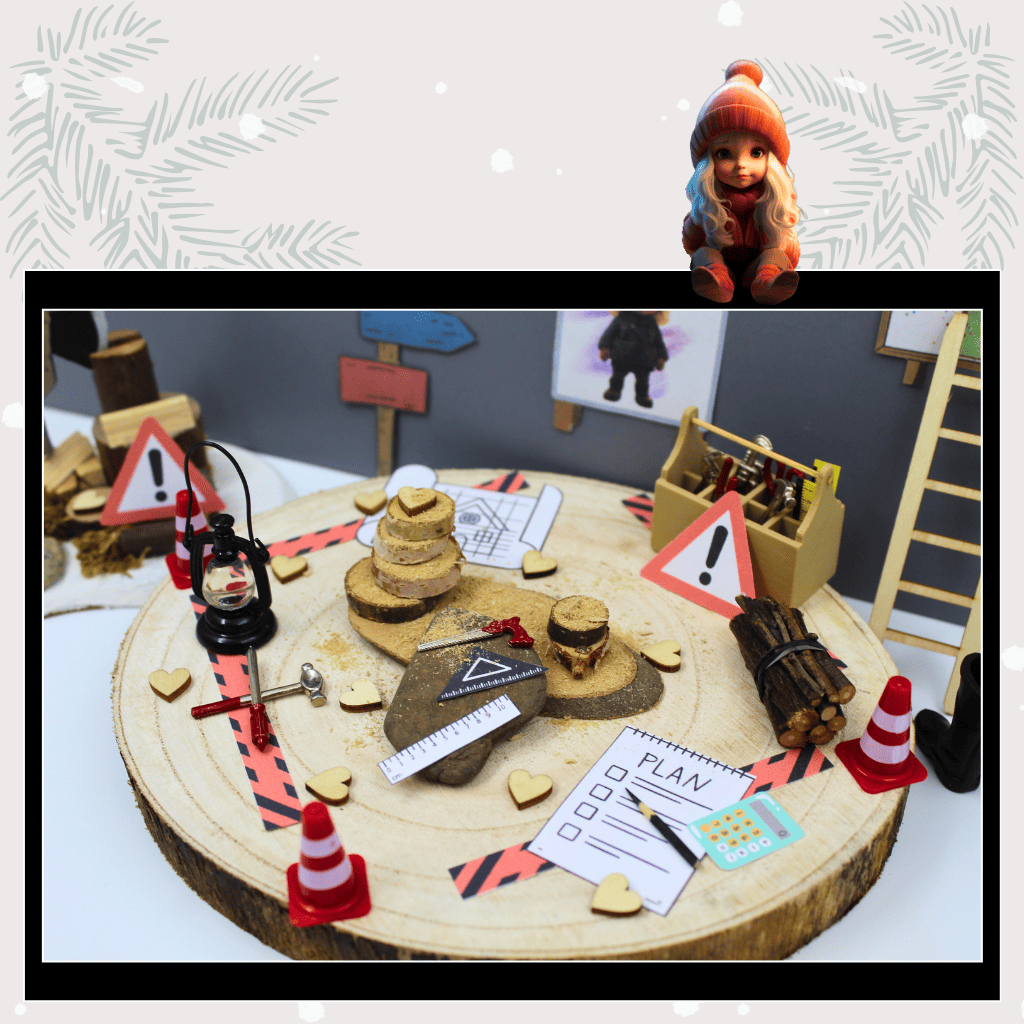 Wichtel-Baustellenszene auf Holzscheibe mit Bauplänen, Werkzeugkasten, Absperrband und Dekoherzen – liebevolle DIY-Wichtelwelt zum Ausdrucken und Dekorieren.
