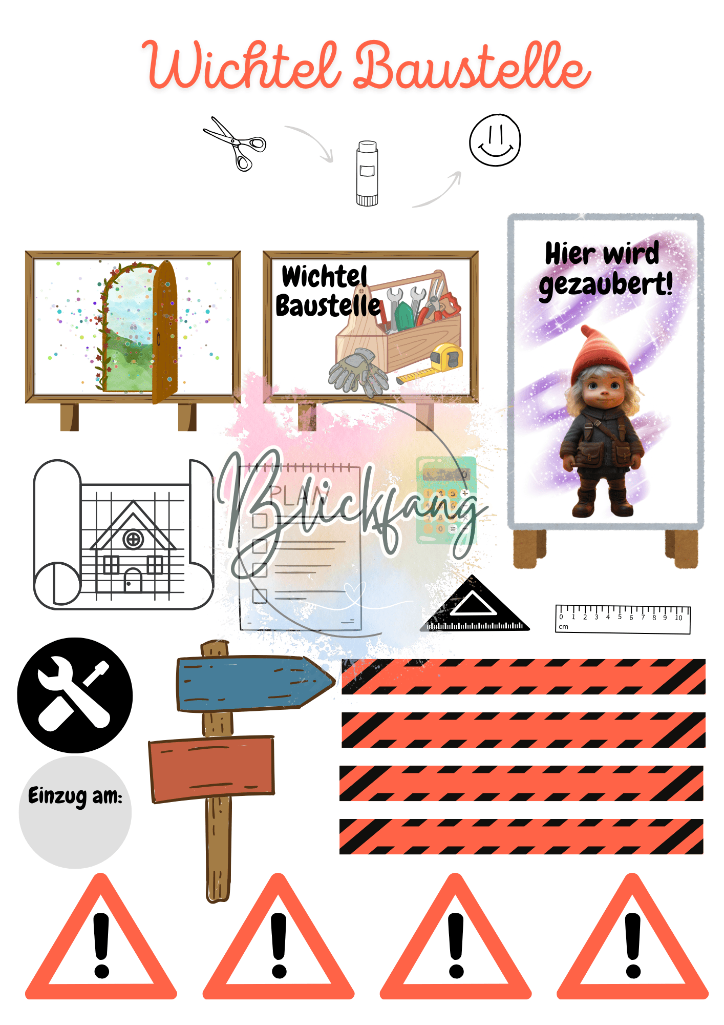Wichtel-Baustellenszene auf Holzscheibe mit Bauplänen, Werkzeugkasten, Absperrband und Dekoherzen – liebevolle DIY-Wichtelwelt zum Ausdrucken und Dekorieren.