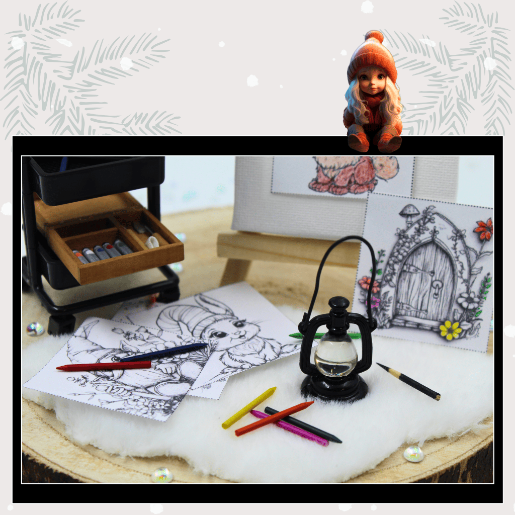 Nahaufnahme von liebevoll kolorierten Wichtel-Malvorlagen mit kleinen Farbstiften, DIY-Bastelset und Laterne – ideal für kreative Wintertage mit Kindern und Wichtelfans.