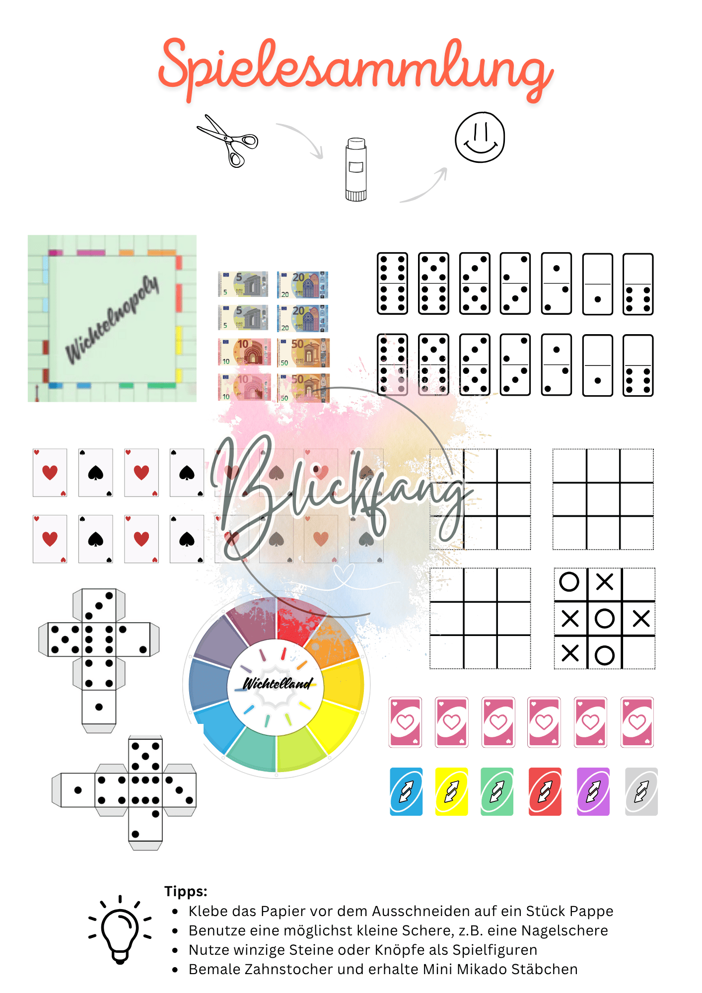 Übersicht der digitalen Druckvorlage für Wichtel Spielesammlung mit Mini-Spielen wie Domino, Karten, Mikado, Tic Tac Toe und Spielgeld – sofort ausdruckbar
