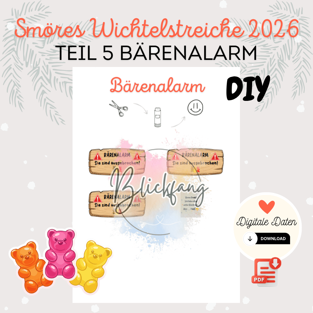 Smöres Wichtelstreiche 2026 Teil 5 „Bärenalarm“ – kostenlose Bastelvorlage für deine Wichteltür | als PDF zum Ausdrucken, Sofort-Download