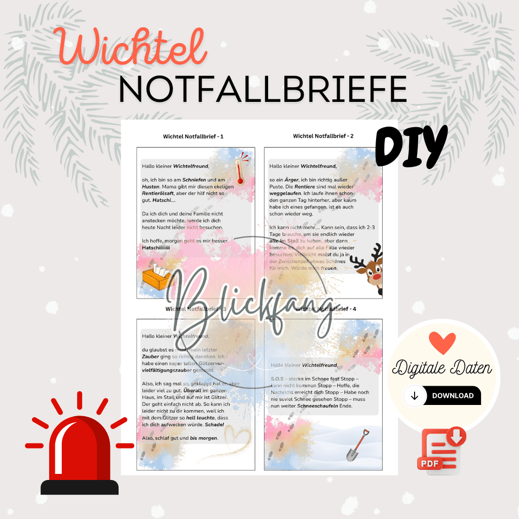 Wichtel Notfallbriefe – liebevolle Soforthilfe für stressfreie Wichteltage | Mini-Briefe für den Wichtel | als PDF zum Ausdrucken, Sofort-Download