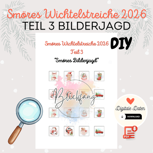 Smöres Wichtelstreiche 2026 Teil 3 „Smöres Bilderjagd“ – kostenlose Bastelvorlage für deine Wichteltür | als PDF zum Ausdrucken, Sofort-Download