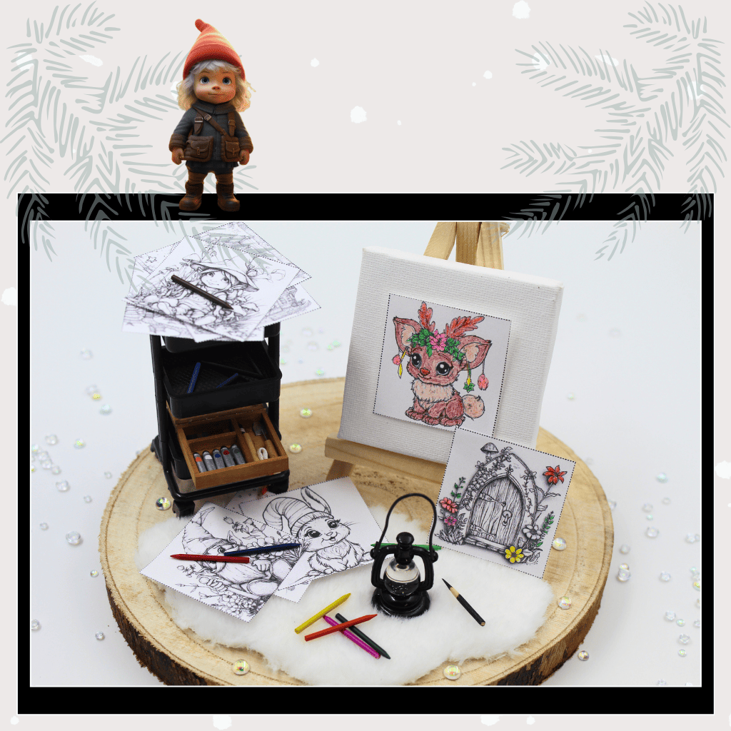 Mini-Staffelei mit ausgemalten Wichtel-Ausmalbildern, Bastelmaterialien und Farbstiften – kreative Szene mit DIY-Motiven für Kinder und Wichtelzeit, perfekt als Bastelidee zur Weihnachtszeit.