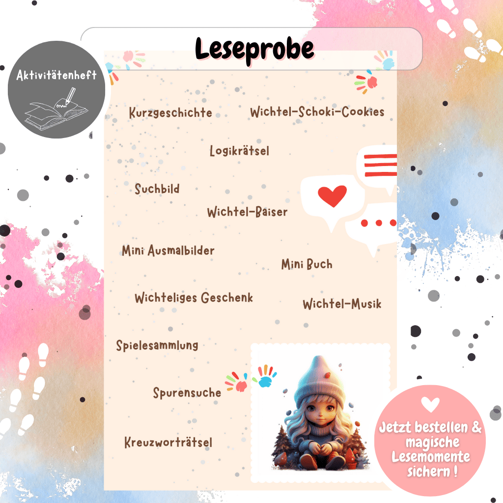 Interaktive Rätselseite aus dem Kinderbuch mit Weihnachtswichteln und Wichtel Zubehör. Ideal zum Mitmachen, wie ein Adventskalender, und voller Magie rund um die Wichteltür.