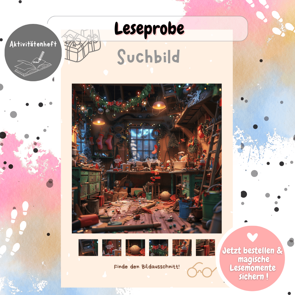 Farbiges Suchbild mit Wichteln, Puppenhaus-Szenen und festlicher Weihnachtsstimmung. Kinder entdecken kleine Details, Wichtel Briefe und die Magie der Weihnachtszeit.