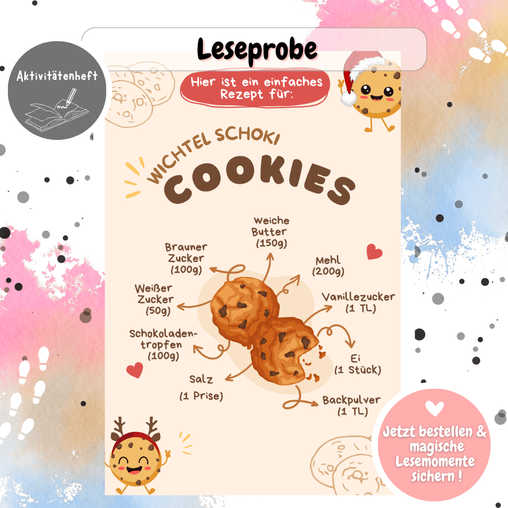 Rezeptseite aus dem Wichtelbuch mit magischen Weihnachtskeksen. Verbindet die Welt der Weihnachtswichtel mit kreativen Familienmomenten, Adventskalender-Ideen und Wichtelzubehör.