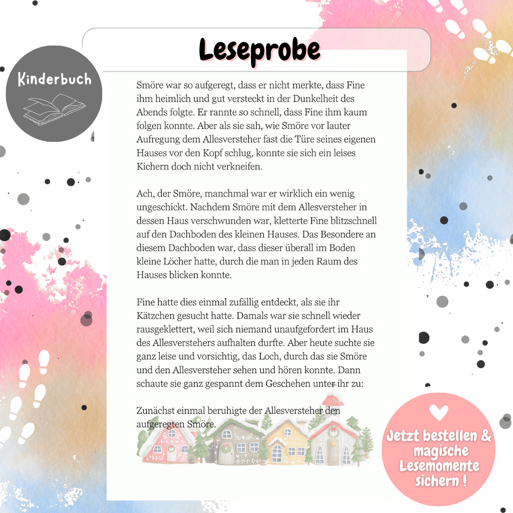 Leseprobe aus dem Buch „Wichteline Fine“ mit Textauszug und Illustration. Weihnachtswichtel, Magie und Wichtelbriefe lassen Kinder in die Wichtelwelt eintauchen.