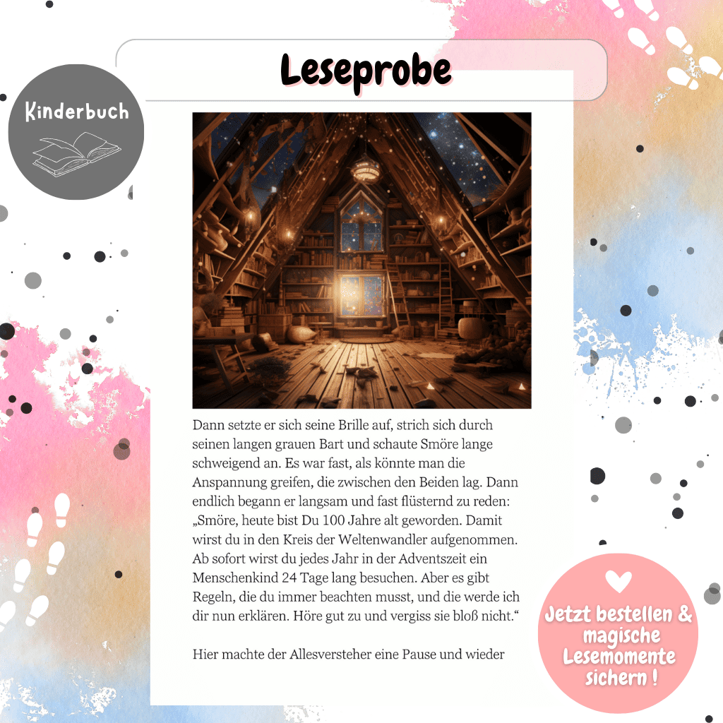 Innenseite von „Wichteline Fine“ mit Illustration eines festlich geschmückten Wichtelhauses. Perfekt als Vorlesebuch für Weihnachten, kombiniert mit Wichtel Briefpapier und Adventskalender-Ideen.