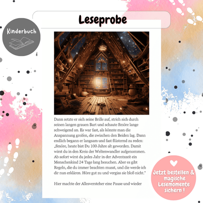 Innenseite von „Wichteline Fine“ mit Illustration eines festlich geschmückten Wichtelhauses. Perfekt als Vorlesebuch für Weihnachten, kombiniert mit Wichtel Briefpapier und Adventskalender-Ideen.