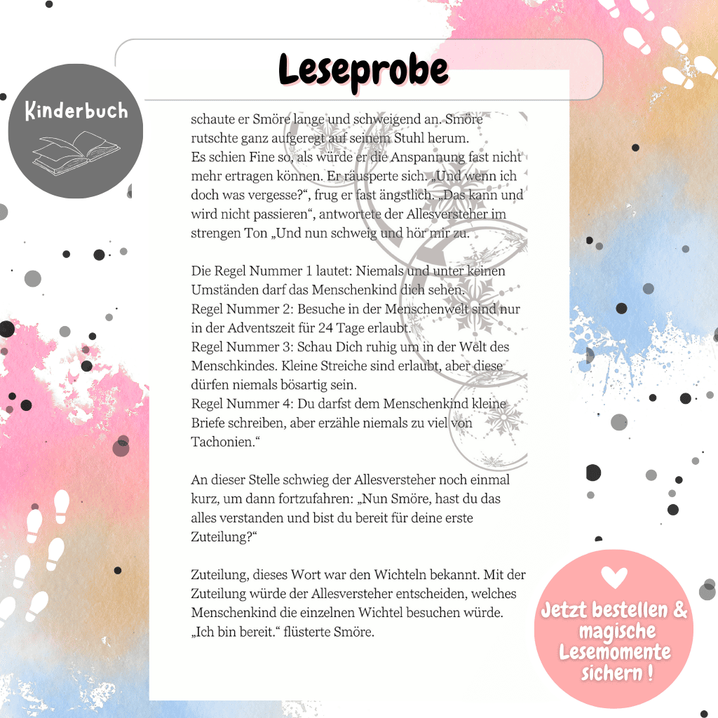 Zusätzliche Leseprobe aus dem Kinderbuch „Wichteline Fine“. Die fantasievolle Geschichte über einen Weihnachtswichtel verbindet Puppenhaus-Szenen, Wichtelzubehör und magische Lesemomente.