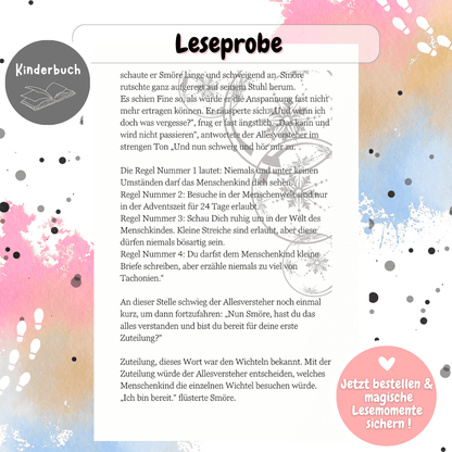 Zusätzliche Leseprobe aus dem Kinderbuch „Wichteline Fine“. Die fantasievolle Geschichte über einen Weihnachtswichtel verbindet Puppenhaus-Szenen, Wichtelzubehör und magische Lesemomente.