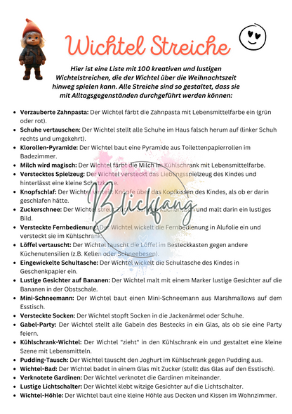 Ausschnitt aus der PDF-Datei „Wichtel Streiche“ mit über 20 lustigen Ideen für Streiche in der Weihnachtszeit, die mit Alltagsgegenständen umgesetzt werden können – ideal für Eltern, die ihren Kindern mit Wichtelaktionen eine Freude machen wollen.
