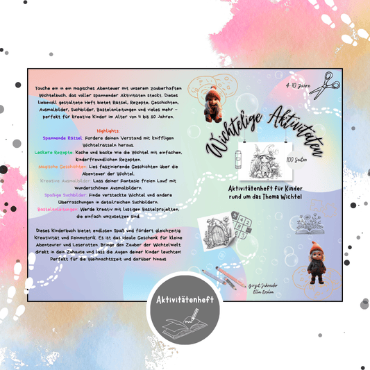 Produktbeschreibung und Highlights des Wichtel Aktivitätenhefts auf der Rückseite – mit Infos zu Rätseln, Rezepten und kreativen Beschäftigungen für Kinder.