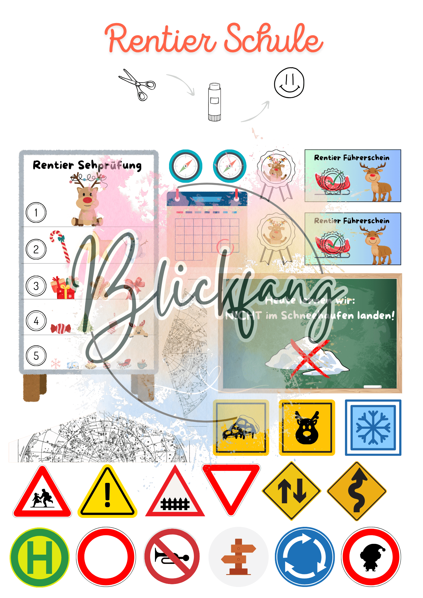 Rentier Schule Bastelvorlage als PDF – inkl. Rentier Sehtest, Führerscheine, Verkehrszeichen, Unterrichtstafel und Rentierprüfungen – ideal für Wichtelgeschichten und kreative Weihnachtsmomente mit Kindern.