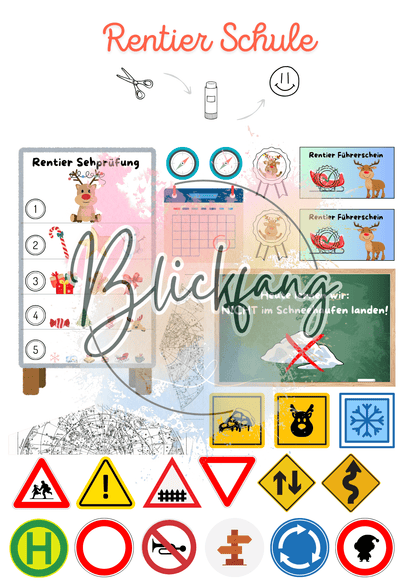 Rentier Schule Bastelvorlage als PDF – inkl. Rentier Sehtest, Führerscheine, Verkehrszeichen, Unterrichtstafel und Rentierprüfungen – ideal für Wichtelgeschichten und kreative Weihnachtsmomente mit Kindern.