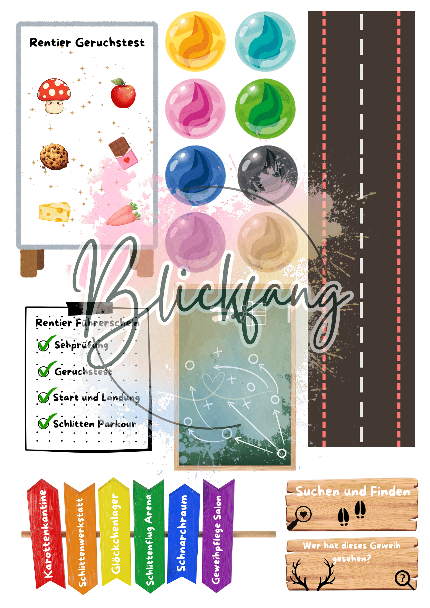 Rentier Schule DIY Set für Kinder mit Geruchstest, Sehtest, Führerschein-Checkliste und Bastelmaterialien – liebevoll gestaltete Wichtel-Aktivität zur Weihnachtszeit zum Ausdrucken und Ausschneiden.