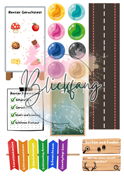 Rentier Schule DIY Set für Kinder mit Geruchstest, Sehtest, Führerschein-Checkliste und Bastelmaterialien – liebevoll gestaltete Wichtel-Aktivität zur Weihnachtszeit zum Ausdrucken und Ausschneiden.