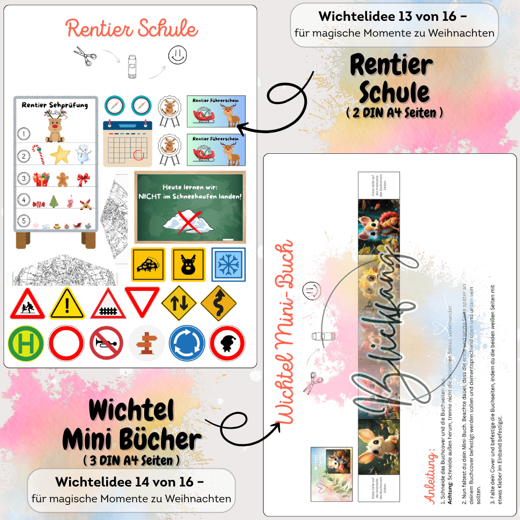 Wichtel Rentier Schule Bastelset mit Schildern und Zubehör. Kreatives Wichtelzubehör für Adventskalender, Puppenhaus und magische Weihnachtswichtel. Vorlagen für kleine Wichtelbücher als Zubehör.