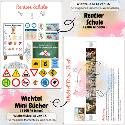 Wichtel Rentier Schule Bastelset mit Schildern und Zubehör. Kreatives Wichtelzubehör für Adventskalender, Puppenhaus und magische Weihnachtswichtel. Vorlagen für kleine Wichtelbücher als Zubehör.