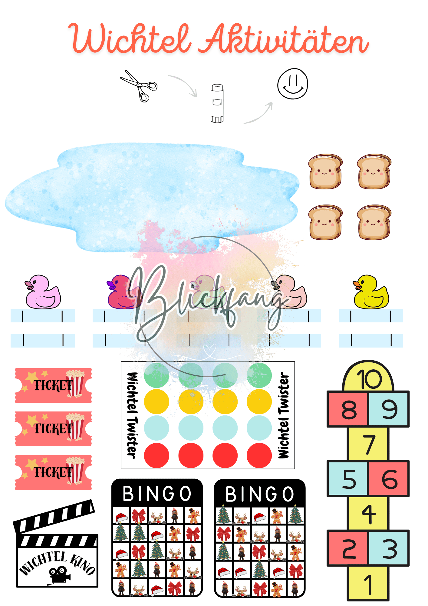 PDF-Spielesammlung mit Wichtel-Thema zum Ausdrucken: Bingo, Twister, Hüpfspiel, Tickets – ideal für kreative Kinderbeschäftigung in der Weihnachtszeit.