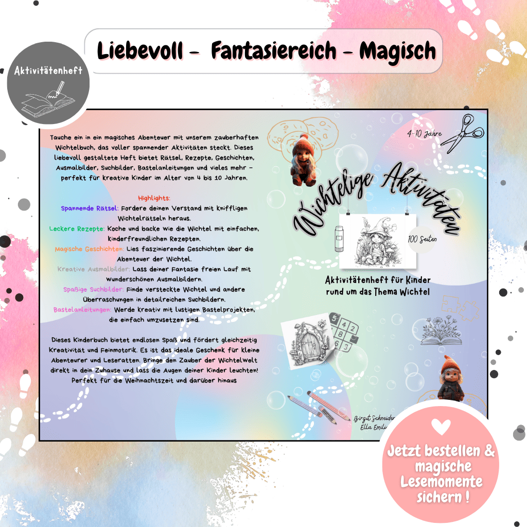 Titelbild mit Übersicht zum Wichtel-Kinderbuch. Eine weihnachtliche Geschichte voller Magie, Wichtelbriefe und Abenteuer hinter der Wichteltür – ideal als Ergänzung für Adventskalender, Puppenhaus oder Wichtelset.