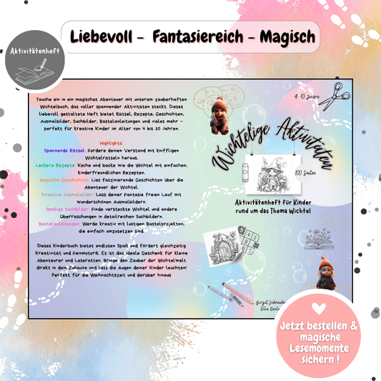 Titelbild mit Übersicht zum Wichtel-Kinderbuch. Eine weihnachtliche Geschichte voller Magie, Wichtelbriefe und Abenteuer hinter der Wichteltür – ideal als Ergänzung für Adventskalender, Puppenhaus oder Wichtelset.