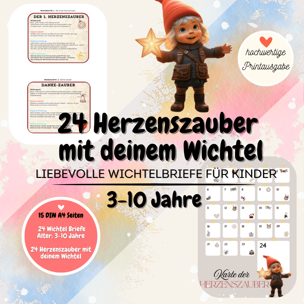 "24 Herzenszauber mit deinem Wichtel" – liebevoll gestaltete Wichtelbriefe für Kinder von 3–10 Jahren, ideal für die Adventszeit. Sofort-Download als PDF.