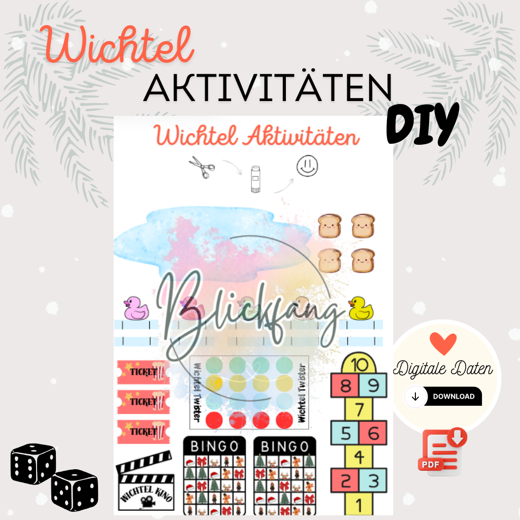 Titelbild der PDF-Sammlung „Wichtel Aktivitäten DIY“ mit bunten Symbolen für Bastelspaß – perfekt zum Herunterladen, Ausdrucken und Spielen.