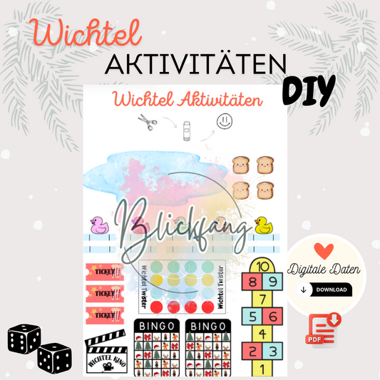 Titelbild der PDF-Sammlung „Wichtel Aktivitäten DIY“ mit bunten Symbolen für Bastelspaß – perfekt zum Herunterladen, Ausdrucken und Spielen.