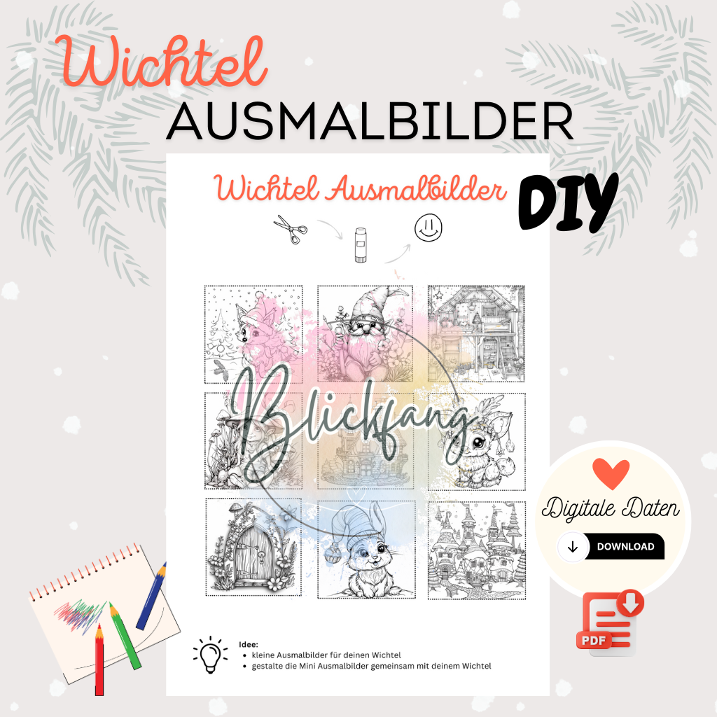 Titelbild der digitalen Bastelvorlage „Wichtel Ausmalbilder“ mit neun niedlichen Wichtel-Motiven zum Ausmalen – als PDF zum Ausdrucken für Kinder, DIY-Ideen und kreative Wichtelzeit.
