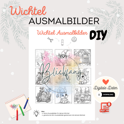 Titelbild der digitalen Bastelvorlage „Wichtel Ausmalbilder“ mit neun niedlichen Wichtel-Motiven zum Ausmalen – als PDF zum Ausdrucken für Kinder, DIY-Ideen und kreative Wichtelzeit.