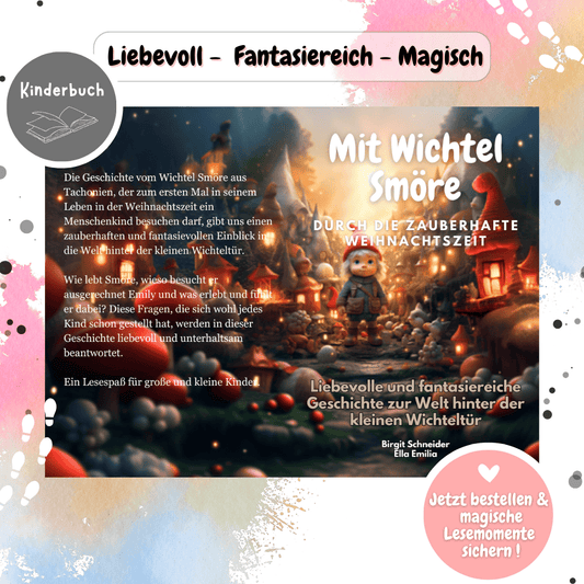 Cover des Kinderbuchs „Mit Wichtel Smöre“ – eine magische Weihnachtsgeschichte mit Wichteln, Wichteltür, Briefpapier und Zubehör. Perfekt für Familien, Adventskalender und Puppenhaus-Szenen.