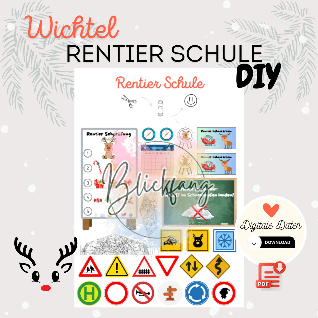 Mockup der Wichtel Rentierschule zum Download – digitales Bastelset für kreative Wichtelgeschichten mit Rentierprüfungen, Verkehrszeichen und winterlicher Magie.