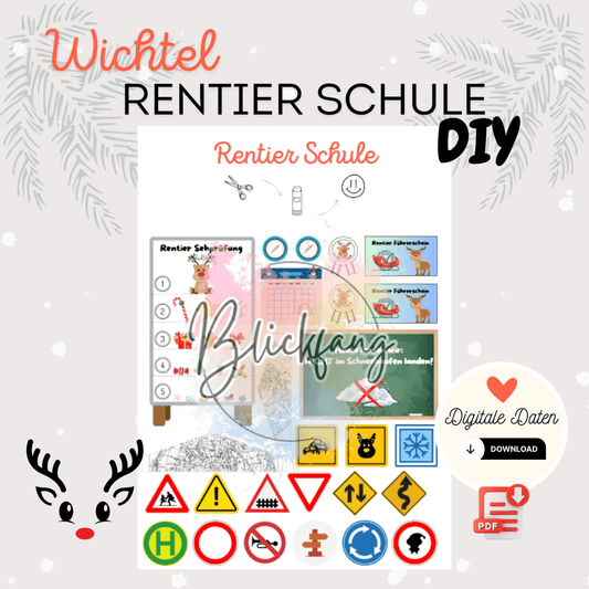 Mockup der Wichtel Rentierschule zum Download – digitales Bastelset für kreative Wichtelgeschichten mit Rentierprüfungen, Verkehrszeichen und winterlicher Magie.
