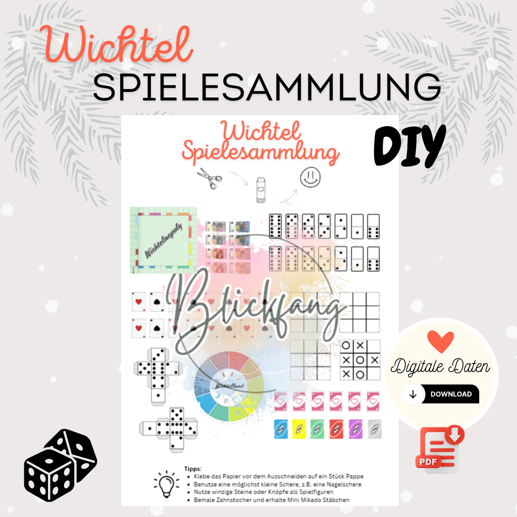 Titelbild der digitalen Wichtel Spielesammlung mit DIY-Spielen als PDF zum Download – kreative Bastelidee für Kinder und die Vorweihnachtszeit