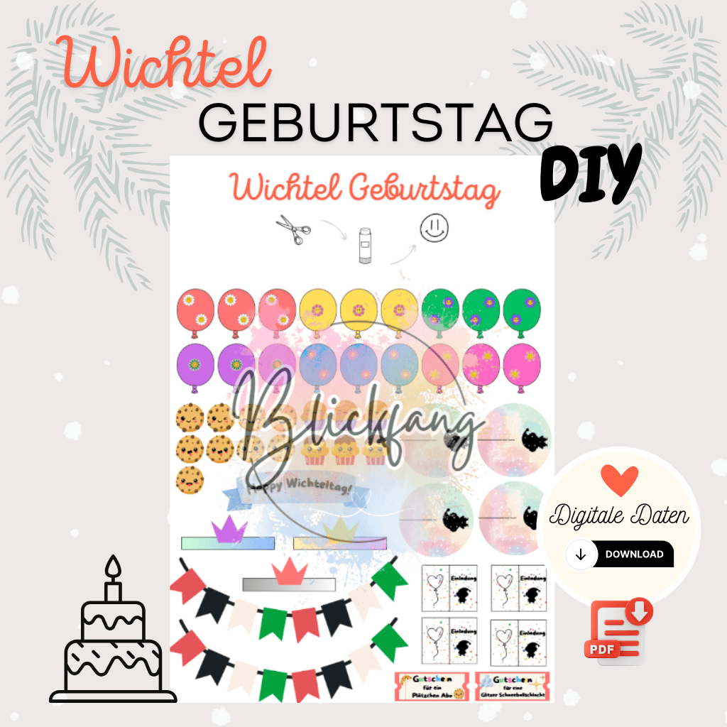 Titelbild zum digitalen Download des Wichtel Geburtstag DIY Sets mit Ballons, Wimpeln, Gutscheinen und Einladungen – kreative Printable Datei für die Wichtelparty