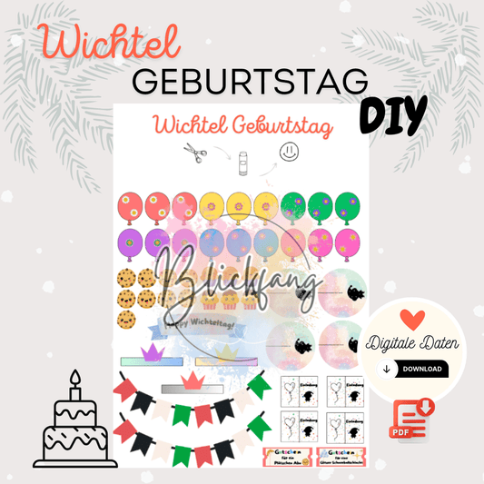 Titelbild zum digitalen Download des Wichtel Geburtstag DIY Sets mit Ballons, Wimpeln, Gutscheinen und Einladungen – kreative Printable Datei für die Wichtelparty