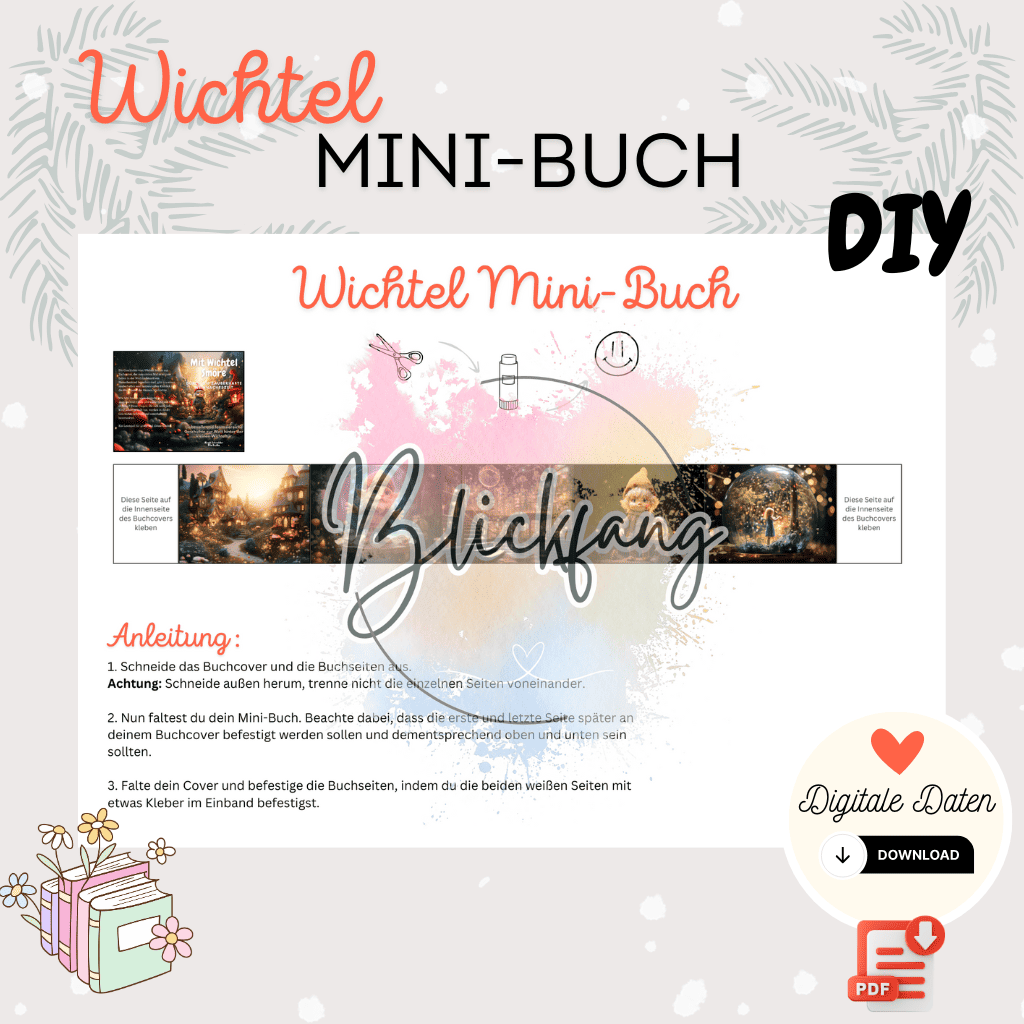 Titelbild des Wichtel Mini-Buchs als kreative DIY Bastelidee für Kinder mit niedlichem Wichtelmotiv und PDF Download-Option