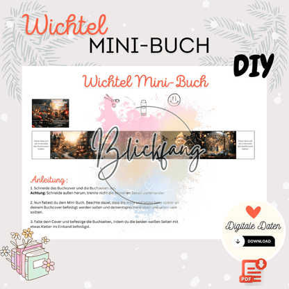 Titelbild des Wichtel Mini-Buchs als kreative DIY Bastelidee für Kinder mit niedlichem Wichtelmotiv und PDF Download-Option