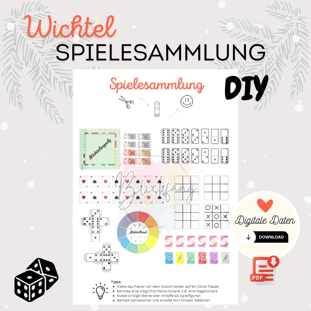 Titelbild der digitalen Wichtel Spielesammlung mit DIY-Spielen als PDF zum Download – kreative Bastelidee für Kinder und die Vorweihnachtszeit