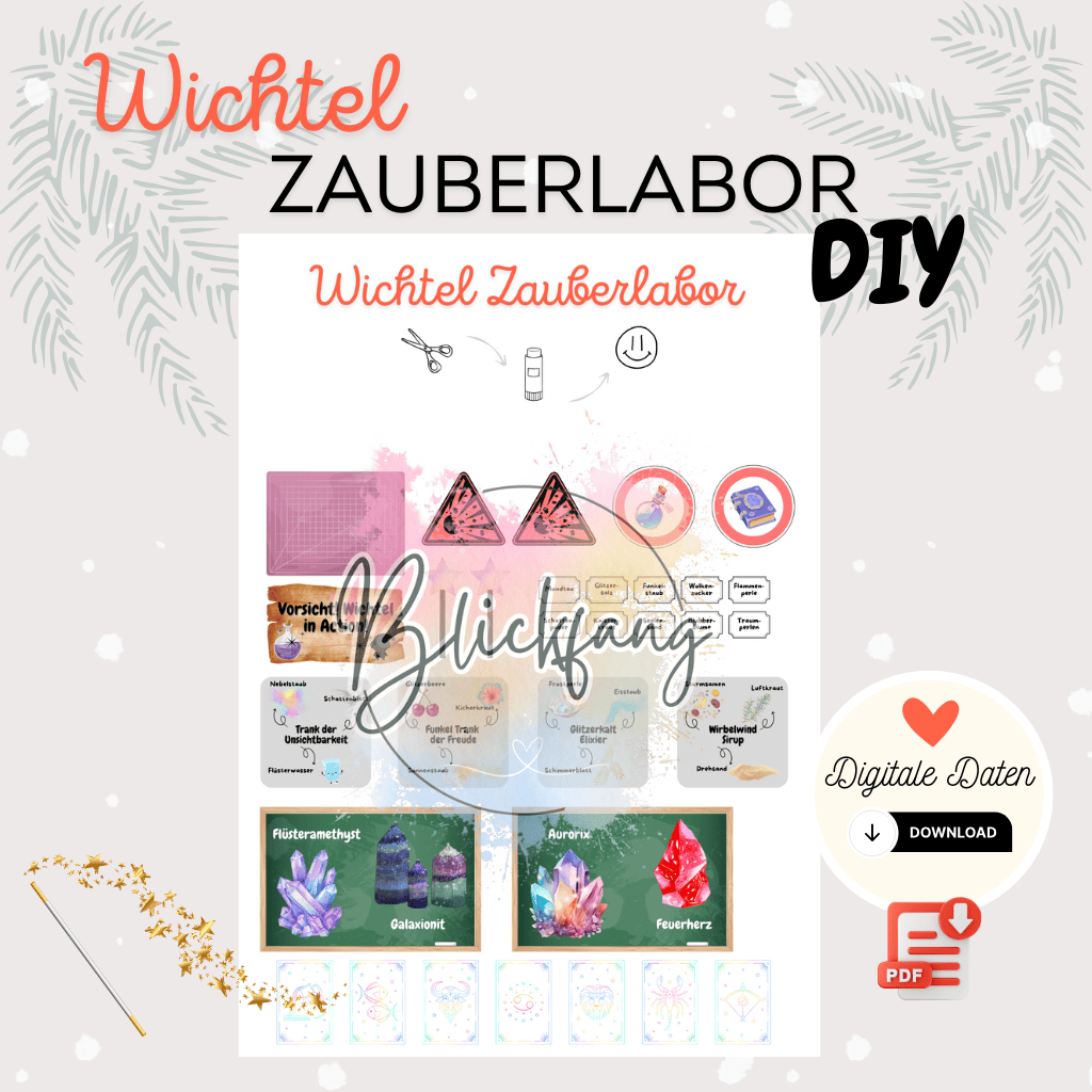DIY Wichtel Zauberlabor für Weihnachten – kreatives Wichtelset mit Zubehör, Wichtelbriefen, Briefpapier und magischen Details für Puppenhaus, Adventskalender und Wichteltür.
